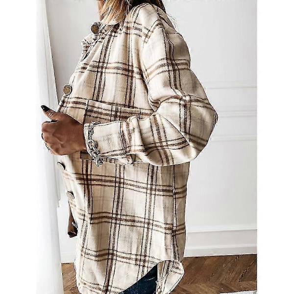 Dame Tøjternet Shacket Jakke Langærmet Knap Flannel Skjorter Apricot S