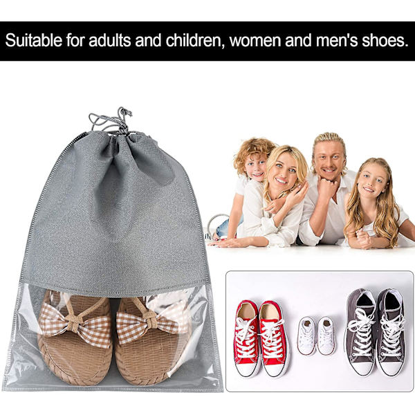 12 stycken reseskosäckar i non-woven-tyg, bärbar skopåse med transparent fönster för daglig användning och resor Gray 17.3 * 12.6 inch