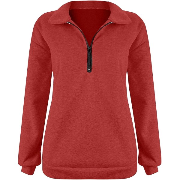 Dame Oversized Halvzip Trøje med Lange Ærmer - Efterårssweatshirt - Kvartzip Trendy Hoodie Outfits til Teenagere m0 red Small