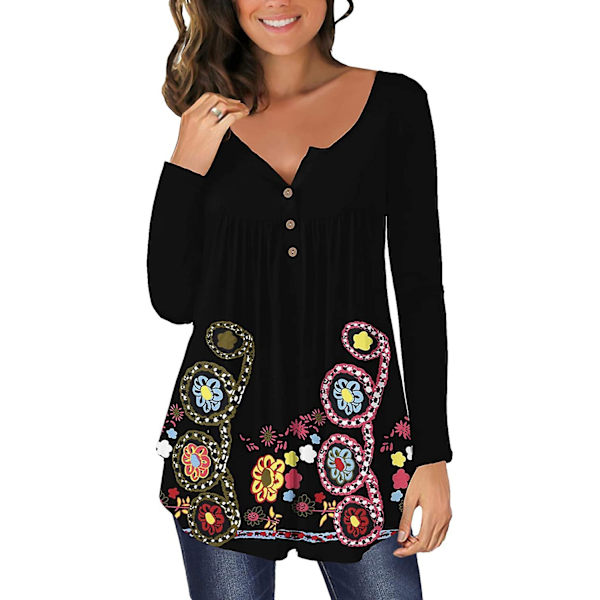 Dame Tunika Topper Ensfarget Plissert V-hals Knapper Bluse Blomstertrykte Damer Tealwhite XL