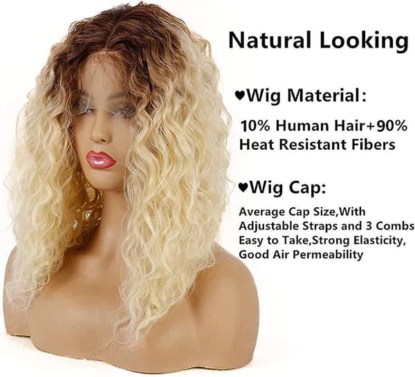 10% Mänskligt Hår + 90% Syntetisk Fiber Spets Fram Peruk Blond Bruna Rötter Kort Lös Acsergery Present
