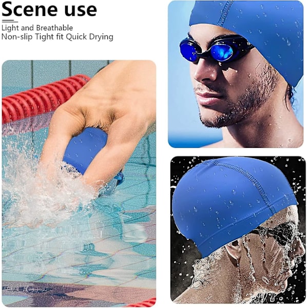Badmössa för vuxna, Win-win 2-pack elastiska badmössor Pu-tyg simhatt unisex nylon badmössa (blå+svart)