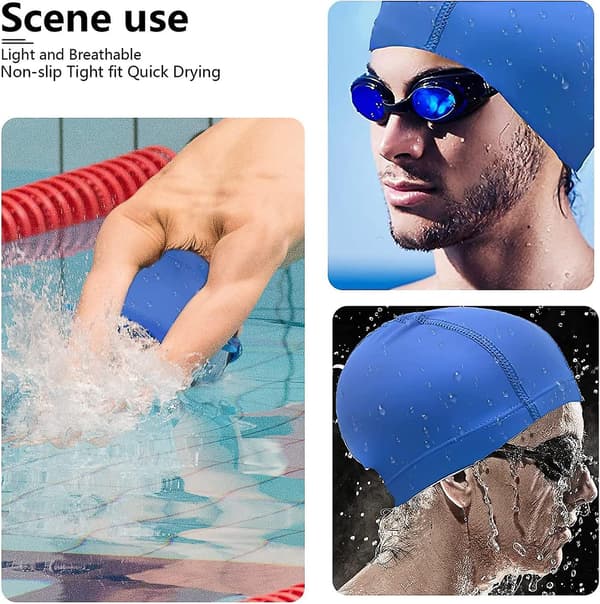 Svømmehette for voksne, Win-win 2-pakning elastiske svømmehetter Pu-stoff Svømmehatt Unisex Nylon Badehette (blå+svart)