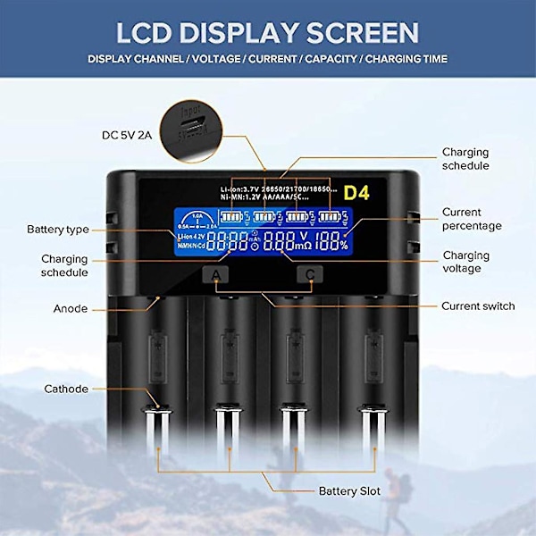 LCD til Smart Universal Batterioplader til 10400/14500/14650/16340/18350/18500