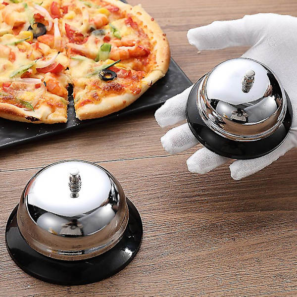 2 bordsbjäller, diskklocka, silver, för kök, reception, hotell, restaurang, mått 8 cm + 10 cm