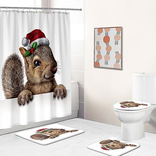 Sæt med 4 jule-egern bruseforhæng med skridsikker måtte, toiletlåg og bademåtte, jule-egern julebruseforhæng med 12 kroge,