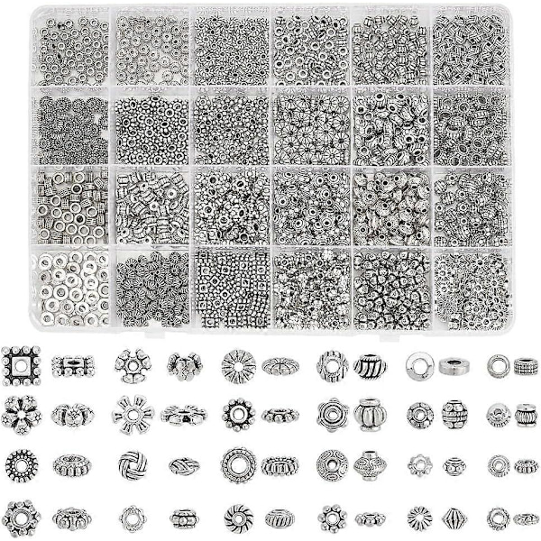 1200 stk. 24 Stilarter Antik Sølv Spacer Perler Tibetansk Legering Rør Snefnug Spacer Perler Blomst Flad Rondelle Små Løse Perler til Armbånd Halskæde