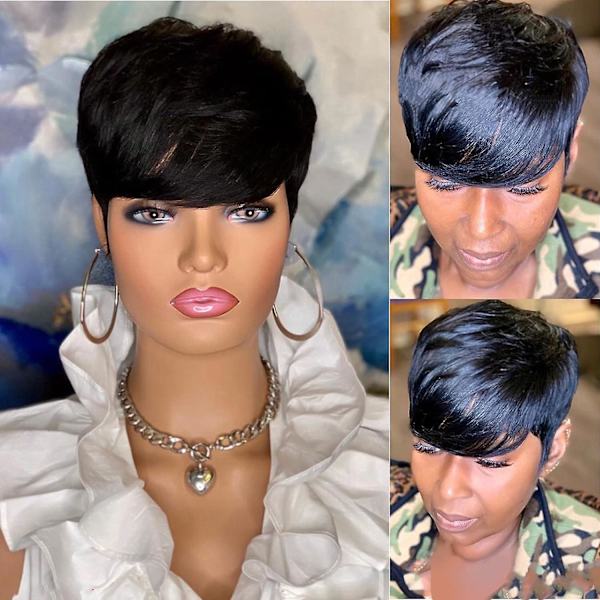 Pixie Cut Peruker För Svarta Kvinnor Korta Lager Pixie Peruker Färg Limlös Brasiliansk Virgin Remy Mänskligt Hår Peruker Full Maskin Gjorda Mänskligt Hår Svart Pixie
