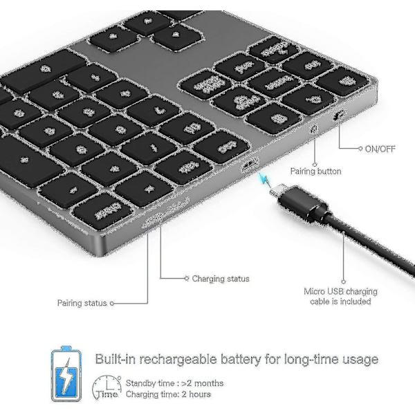 Bluetooth Numeriskt Tangentbord, Laddningsbart Aluminium 34-tangenters Nummerblock Smalt Externt Tangentbord Datainmatning