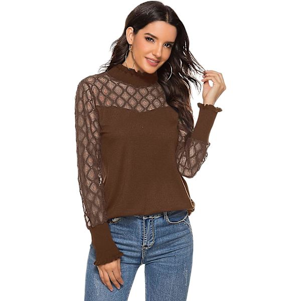 Damtröjor Elegant spets Mesh Semi genomskinlig blus Casual långärmad turtleneck