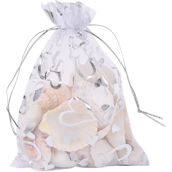 100 stk. 5x7 u201d Hjerteprintede Hvide Organzaposer Smykkeposer Organza Snørebånd Bryllupsgaver Pose Til Bryllupsgaver Slik Gaveposer Valentin