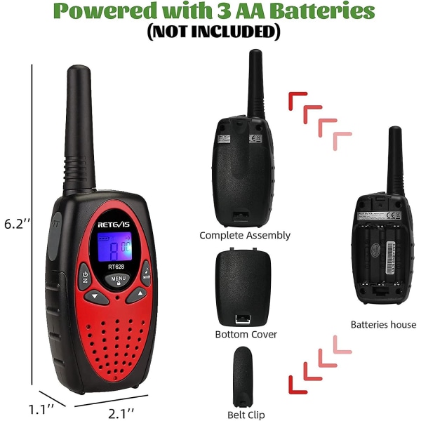 Rt628 Walkie Talkies för barn, leksaker för 5-13 år gamla pojkar och flickor, nyckellås, kristallröst, enkel att använda, lång räckvidd Walky Talky för camping och vandring (röd, 2 par)