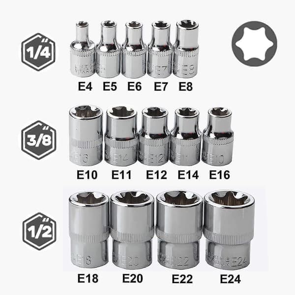 Female E Star Torx Pipenøkkelsett E4-E24 E-Torx Ekstern Sekskant Pipenøkkel Innleggsmutter 14 stk