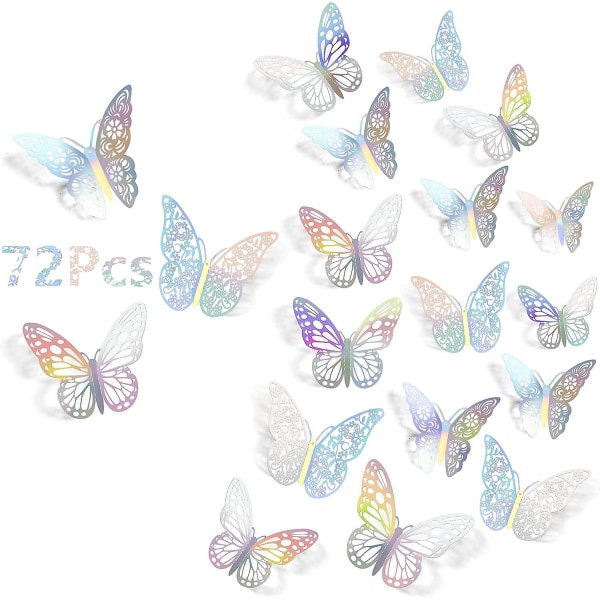 Sztxj 3d Butterfly Väggdekor, 72 delar 3 storlekar 3 stilar, avtagbara klistermärken Väggdekor Sovrumsväggmålning för fest Tårtdekoration Metallisk Kylskåp