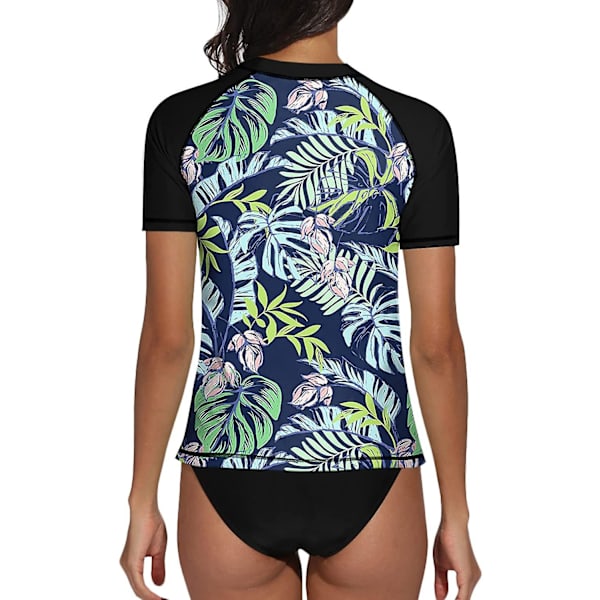 Kvinnors kortärmad skjorta surftopp badkläder sommar simning sport Upf 50+ blommig Navy Leaves M