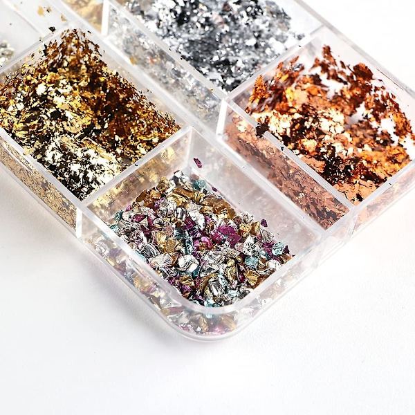 6 rum Farverige Neglekunst Folier Glitter Aluminium Flager Neglekunst Tilbehør Irregulær Guld Sølv Kobber Neglefolie Til Gel Polish Negledekorationer B