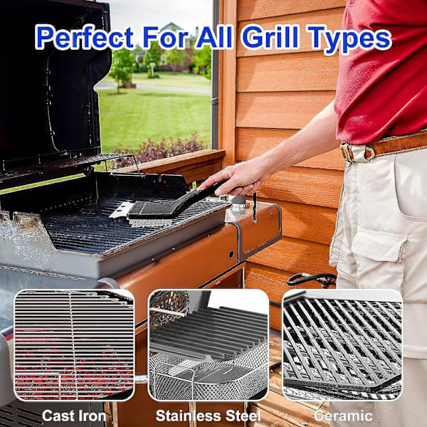 Grillbørste, Grillrensebørste, Grillbørste i rustfritt stål med skrape og langt isolert håndtak for rengjøring av grill 3Pcs