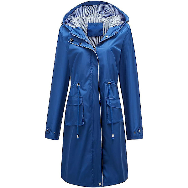 Dam lång vattentät jacka med huva lätt regnrock vindjacka utomhus trenchcoat Blue XXL