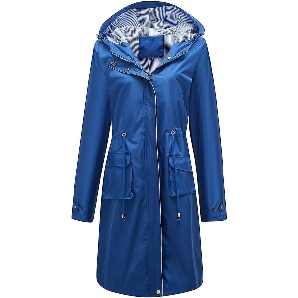 Lang, vanntett jakke for kvinner med hette, lett regnfrakk, vindjakke, utendørs trenchcoat Blue S