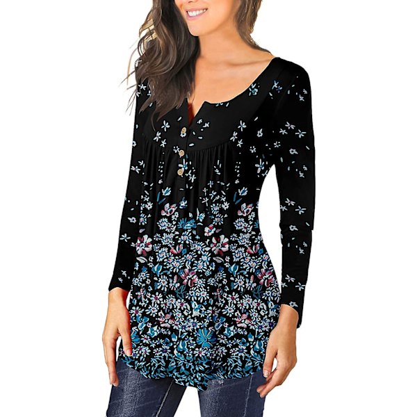 Dame Tunika Topper Ensfarget Plissert V-hals Knapper Bluse Blomstertrykte Damer Blackgold XL