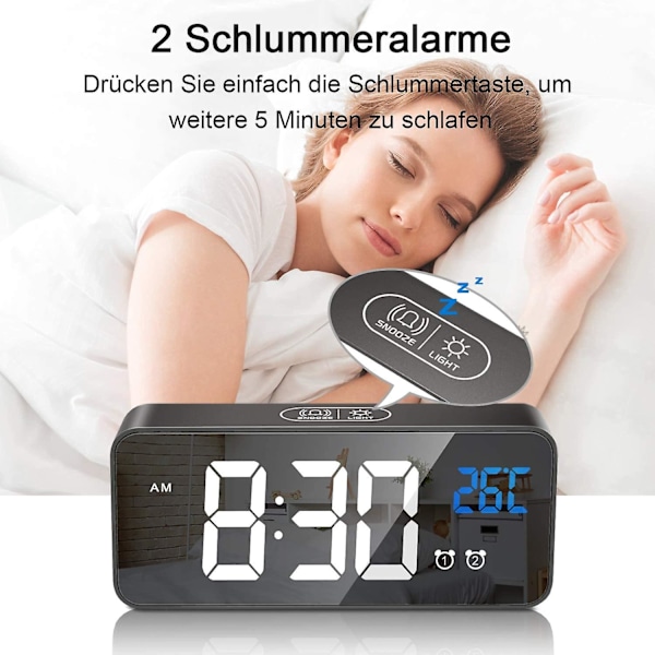 Digital väckarklocka, LED digital väckarklocka, spegelbordsur, USB-laddningsbar reseväckarklocka med dubbel alarm snooze, röststyrningsfunktion,