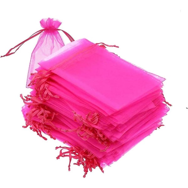 100-pack organzapåsar, 4 x 6 tum (10 x 15 cm) genomskinliga presentpåsar med dragsko, varmt rosa organza smycken, bröllopsfest