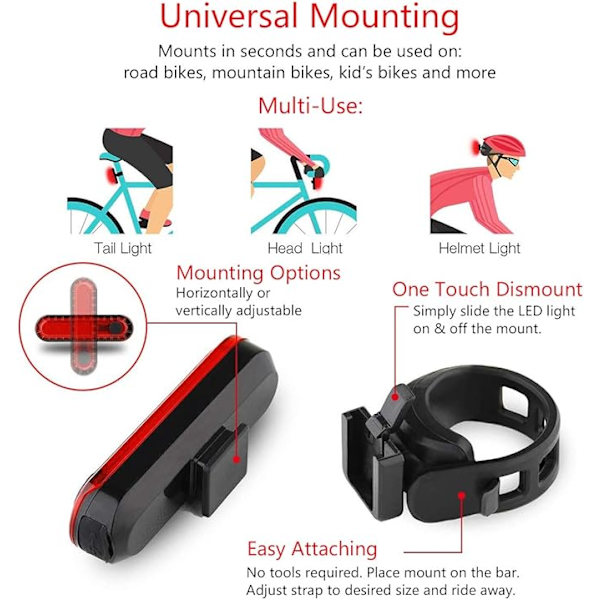 Cykelbaklykta 2-pack, Baklykta för cykling på natten, Bakre cykelbaklyktor med lång batteritid, Lätt att installera USB-uppladdningsbar (Röd)