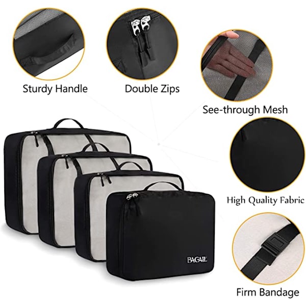 8 Set Packningskuber Resväskor Packningsorganisatörer för Reseaccessoarer Black
