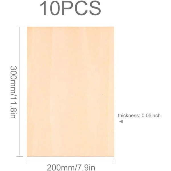 Krydsfinerplader, 10 stk., 300 x 200 x 1,5 mm, tyndt balsatræ, umalet lindetræsmodel, håndværksmodel, træpanel til flyvemaskine, skib