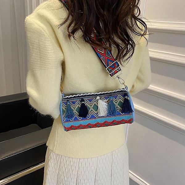 Etnisk stil Canvas Crossbody Bag Tonårsflickor Plånbok Bär Väska Axelväska för Kvinnor Damer Blue