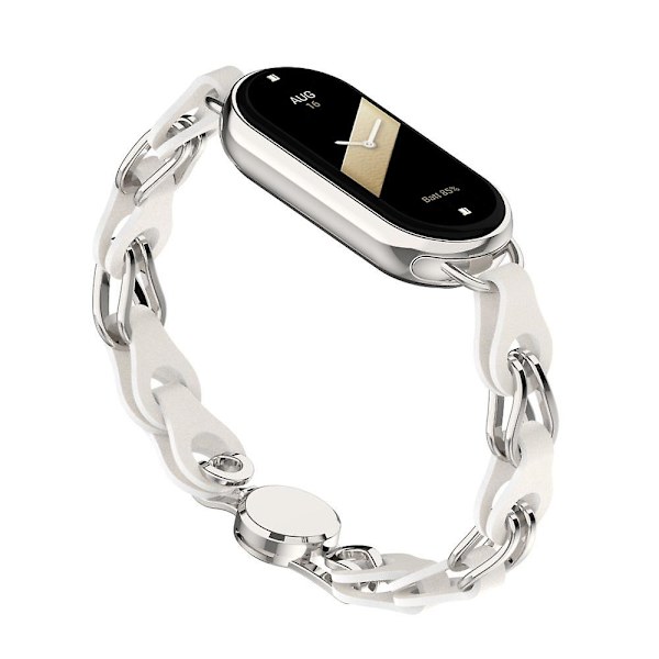 Til Xiaomi Smart Band 8 Magnetisk Urrem Ægte Koskindslæder + Armbånd med Aluminiumlegeringskæde White