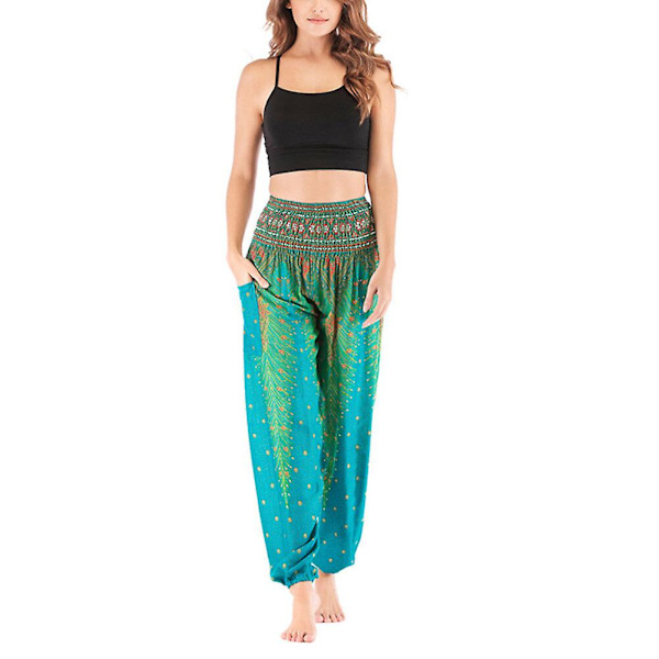 Boho Joogahousut Naisille - Painetut Pilateshousut Löysällä Istuvuudella ja Pussimaisella Harem-tyylillä - Täydelliset Rannalle, Joogaan, Tanssiin ja Muuhun Lake Green One Size