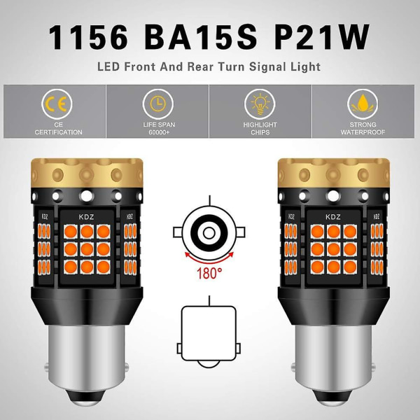 1156 Ba15s P21w LED-blinkers, gult, orange, 3700 lm, 3030, 45 SMD, Canbus, felfri, anti-hyper flash (2-pack)