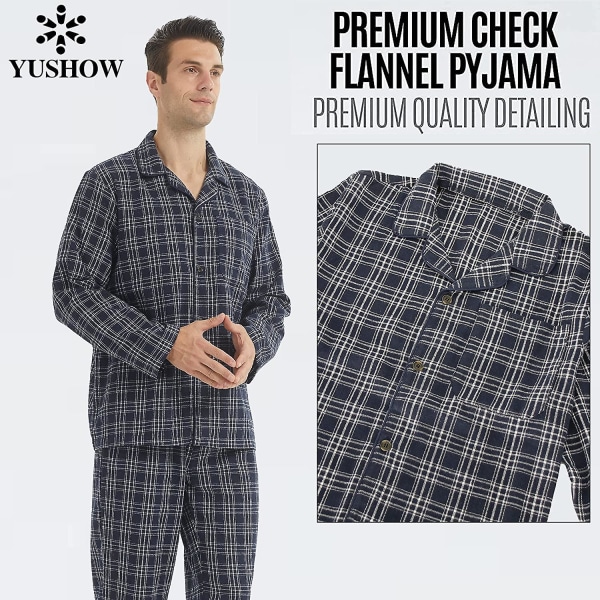 Herre Pyjamassæt Langærmet Ternet Loungesæt Flanel Pyjamas Plaid Overdel og Underdel 2 Dele Vinter Bomulds Natøj Navy Blue M