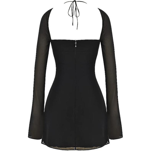 Sexy Low Cut Mesh Langarmet Mini Bodycon Kjole For Kvinner Halter Neck Tie Up Y2k Club Party Night Out Kjoler Pink S