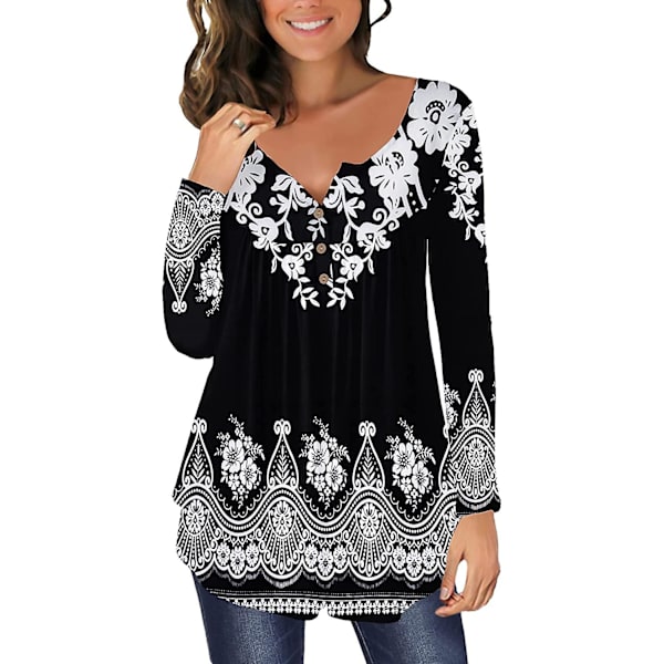 Dame Tunika Topper Ensfarget Plissert V-hals Knapper Bluse Blomstertrykte Damer Blackblue 3XL