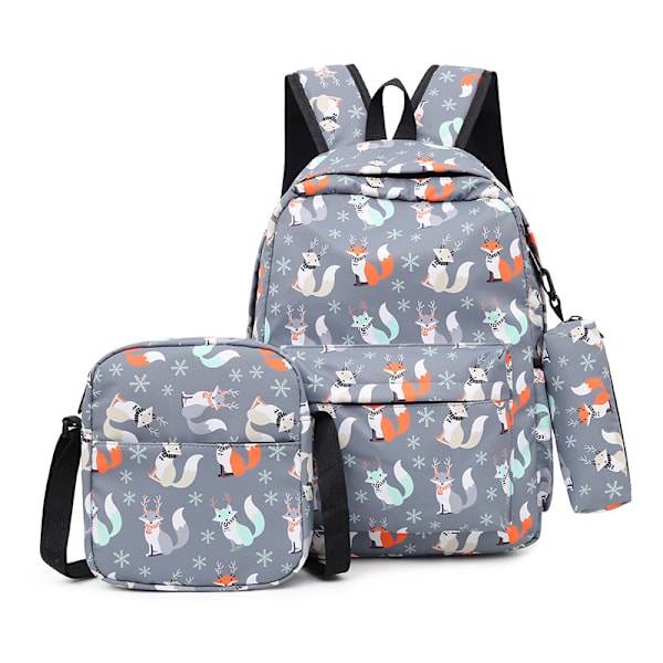 3 st söta tecknade tryckta ryggsäckar med crossbody-väska och pennfodral set, pojkar och flickor mode casual preppy backapack grå