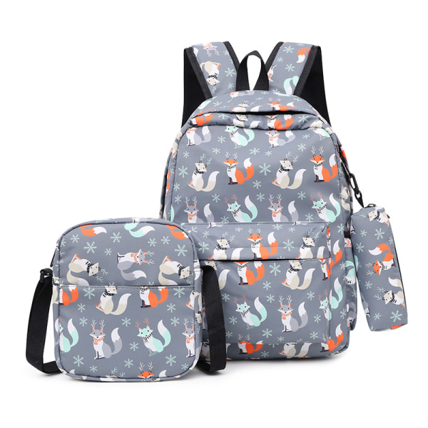 3st söt tecknad printed ryggsäck med crossbody väska och pennväska set, pojkar och flickor mode casual Preppy ryggsäck grå