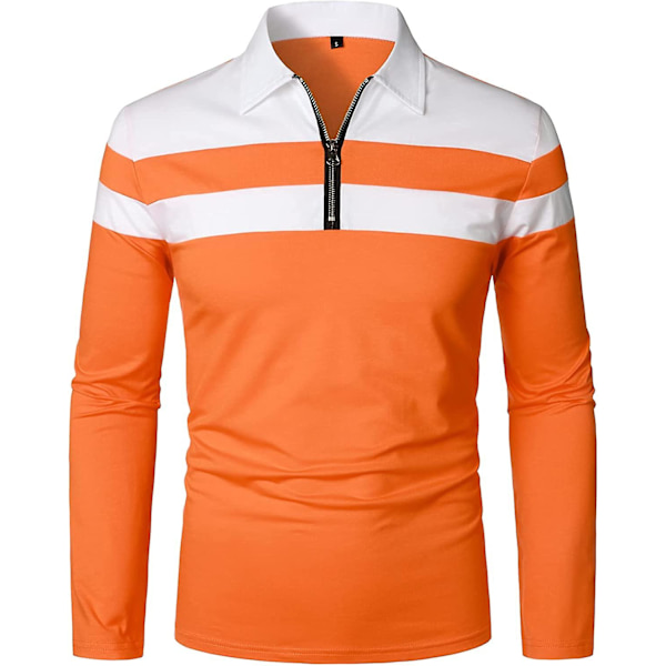 Herr Casual Långärmad Polotröjor Kontrastfärg Patchwork Bomull Tee Toppar Orange 3XL