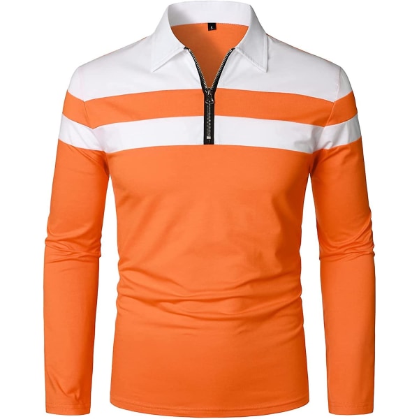 Herr Casual Långärmad Polotröjor Kontrastfärg Patchwork Bomull Tee Toppar Orange M