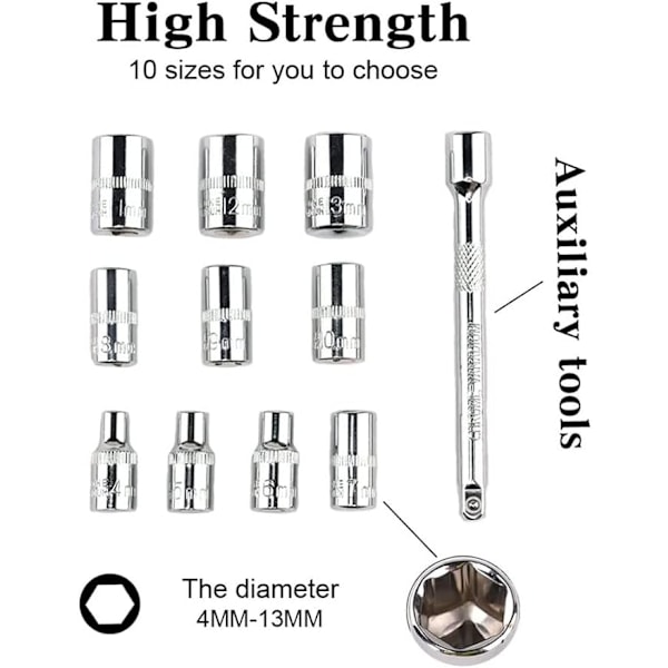 12-osainen 1/4\" räikkäavainsarja, hylsysarja, jossa 10 hylsyä 4-13 mm, pikavapautusräikkäkahvat ja jatkovarret