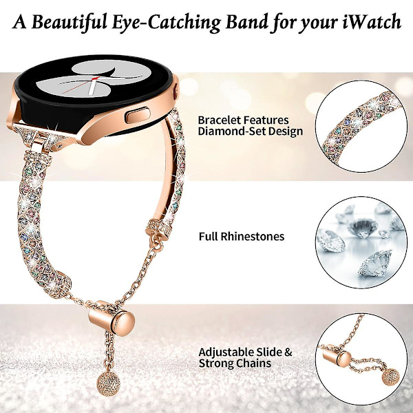 20mm kellon ranneke Samsung Galaxy Watch 6 40mm 44mm:lle, kuparinen rannekoru Rose Gold Colorful Rhinestone