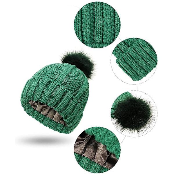 Stickad mössa för kvinnor med satin innerfoder Pom Pom vinter varm mössa Bobble Hat