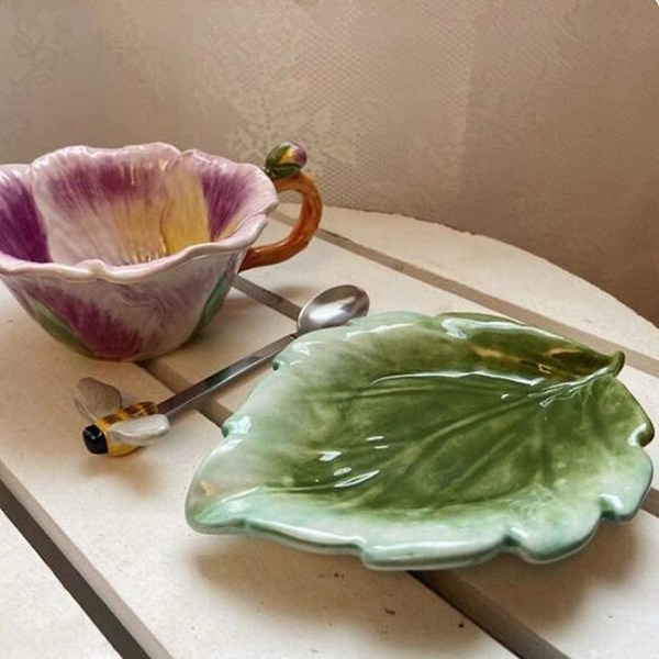 Keramisk kaffemugg och fat set med sked, 3d handgjord och handmålad design tekopp, födelsedagspresenter för kvinnor 8oz, morgon ära Pansy