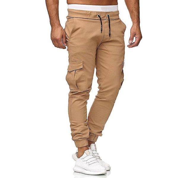 Miesten joustava vyötäröiset cargo-taskuhousut, slim fit, urheilu, taistelu, resorit Khaki M