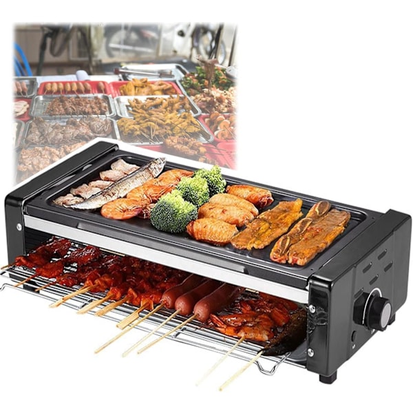 1500W Dubbelvåningsgrill med Bakplåt, Knapptemperaturreglering, Rökfri Elektrisk Grill, Perfekt för Fester och Hemunderhållning