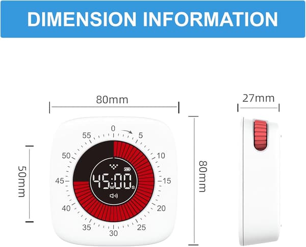 Barnetimer, visuell timer med nedtelling, 60 minutter stille timer, 3 påminnelsesmoduser, rask justering