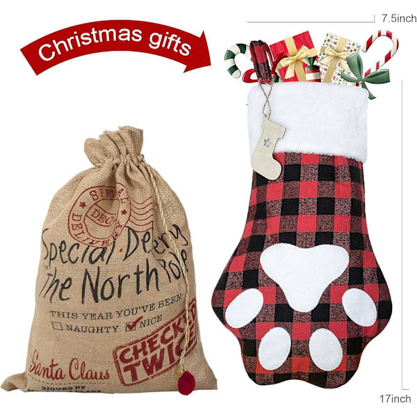 Julklappsstrumpor för husdjur, 2-pack, buffelrutig julstrumpa, 17 tum, hund- och katt-tassutskrift, julstrumpa för familjen