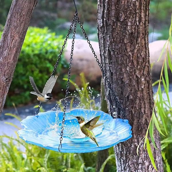 Hængende Fuglebad Udendørs Glas 30 cm Fuglebad Fuglefoder Skål Dobbelt Lag Blå Blomst Have Dekoration