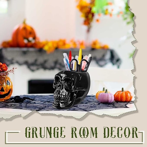 2 stk. Sminkekost med hodeskalle, svart penn, julegaver til kvinner, gotisk skummel dekor, organizer, plantepotte, Halloween sminkebord